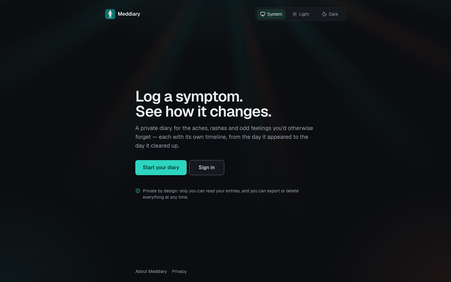 The Meddiary home page, with the headline “Log a symptom. See how it changes.”